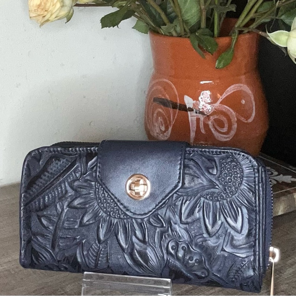 Embossed Blue Floral Zip-Around Wallet with Turn-Lock